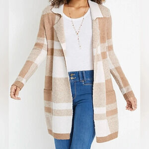 Absolutely Famous Tan & White Plaid Collared Longline Cardigan Small Women’s